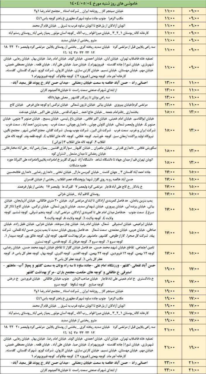 برنامه خاموشی های شنبه چهارم مرداد چهاردانگه و اطراف برنامه خاموشی های شنبه چهارم مرداد چهاردانگه و اطراف
