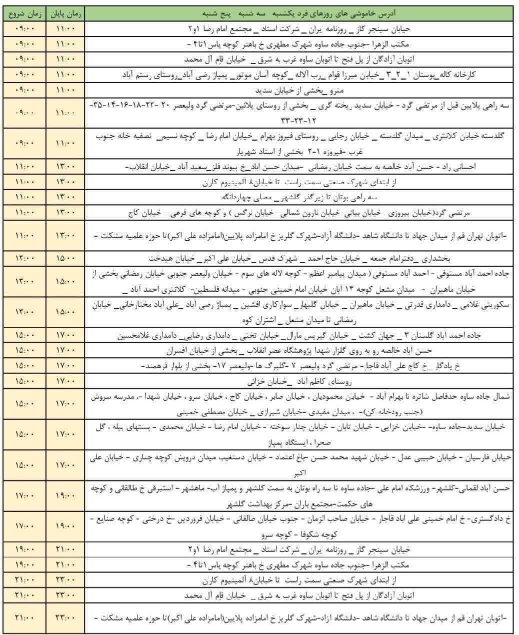 خاموشی های چهاردانگه روز سه شنبه در بخش خانگی