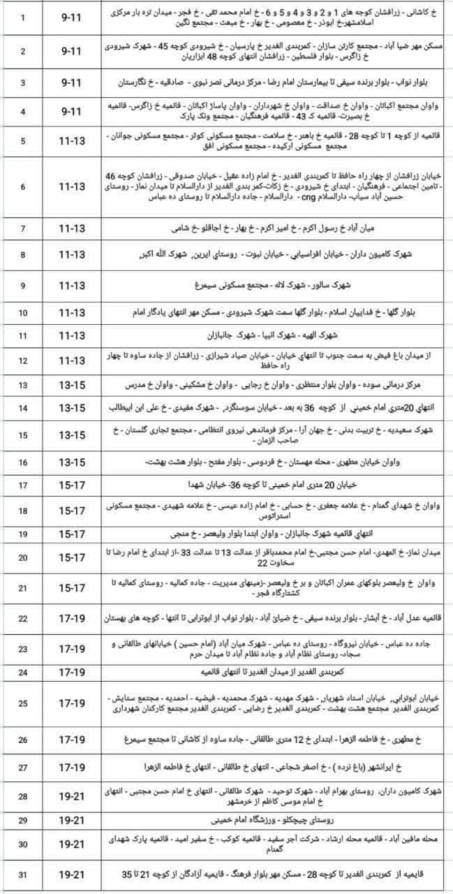 جدول قطعی برق در اسلامشهر برای تاریخ ۲۵ مرداد